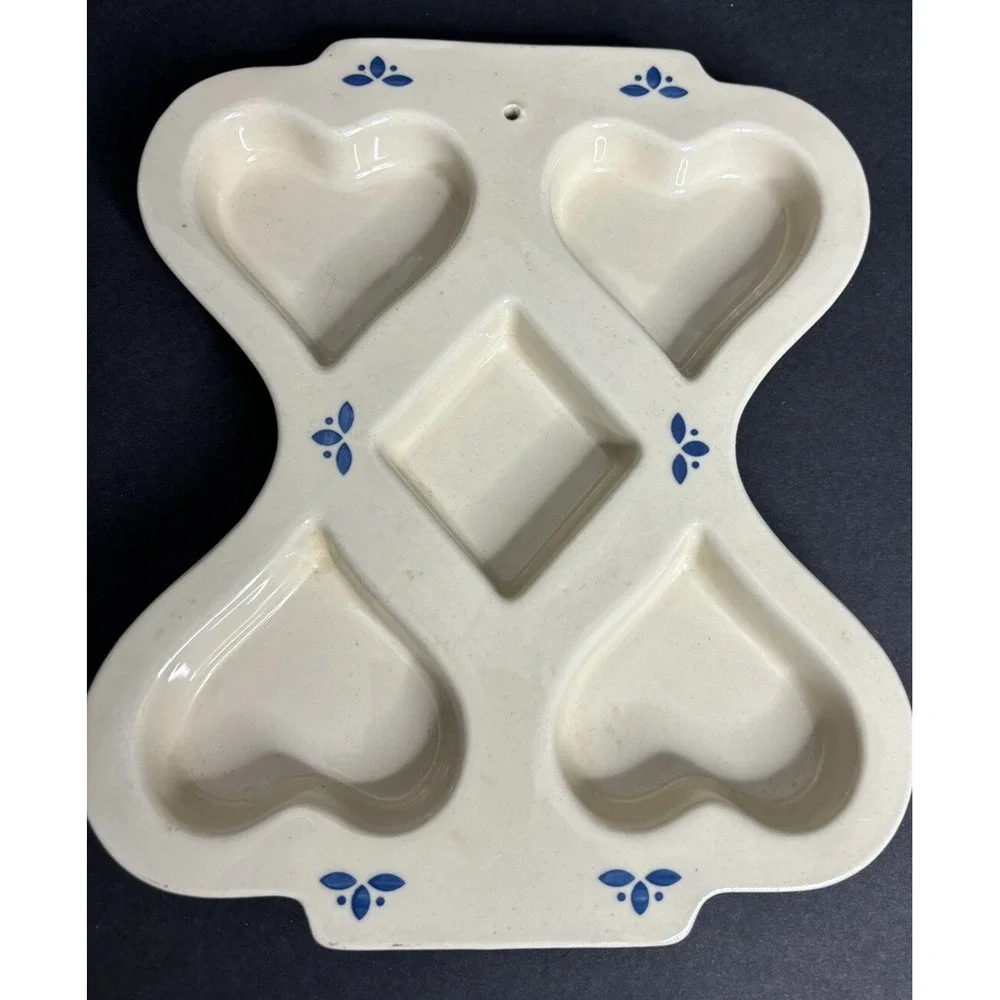 Roseville Friendship Pottery Muffin Pan Mold Heart Blue Floral Design
